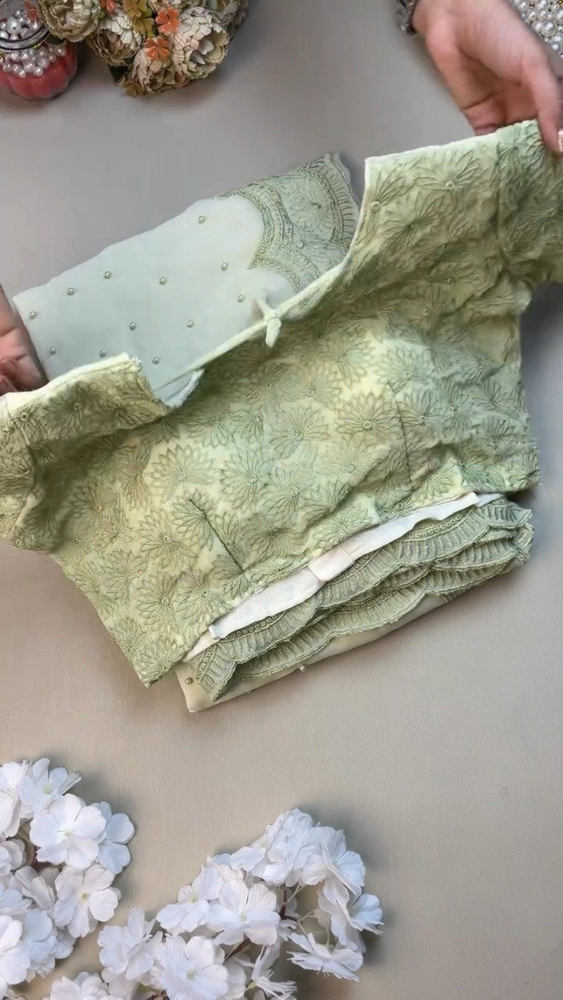 Sage Green Floral Embroidered Saree with Pearl Embellishments