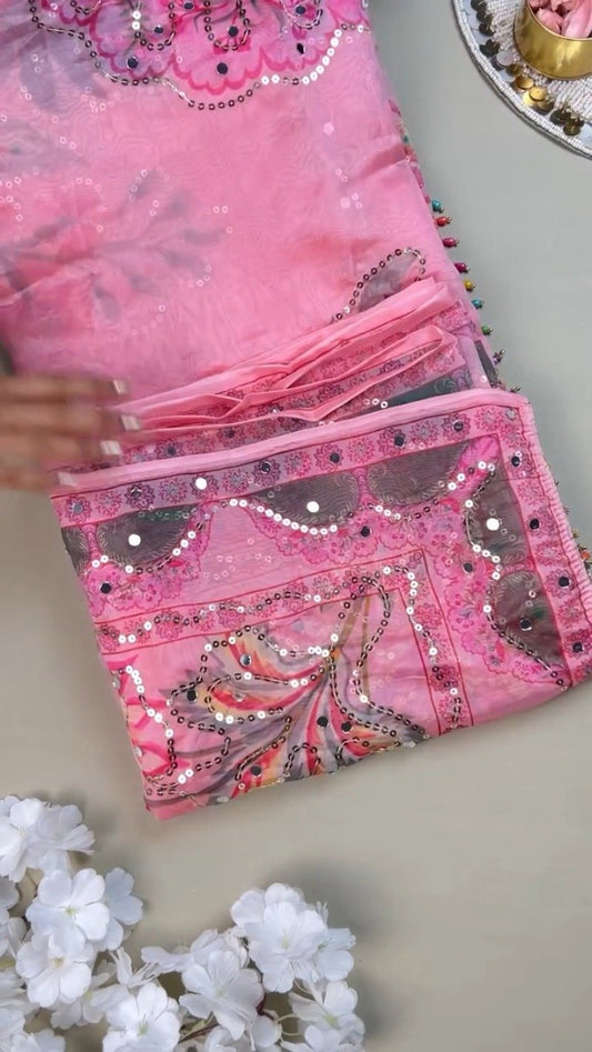 Enchanting Rose Pink Floral Sequin Mirror-Work Saree Set with Unstitched Blouse Piece