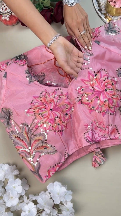 Enchanting Rose Pink Floral Sequin Mirror-Work Saree Set with Unstitched Blouse Piece