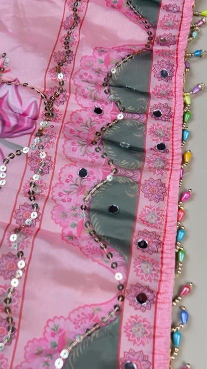 Enchanting Rose Pink Floral Sequin Mirror-Work Saree Set with Unstitched Blouse Piece