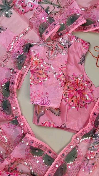 Enchanting Rose Pink Floral Sequin Mirror-Work Saree Set with Unstitched Blouse Piece