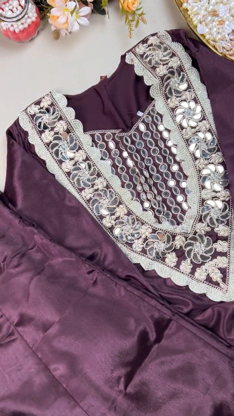Royal Plum Mirrorwork & Pearl Embellished Kurta Set