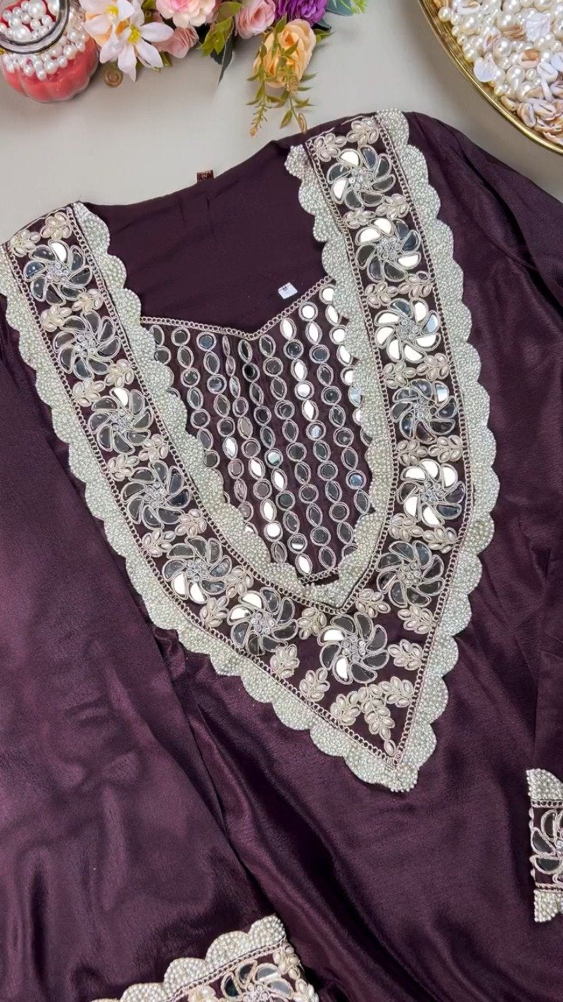 Royal Plum Mirrorwork & Pearl Embellished Kurta Set