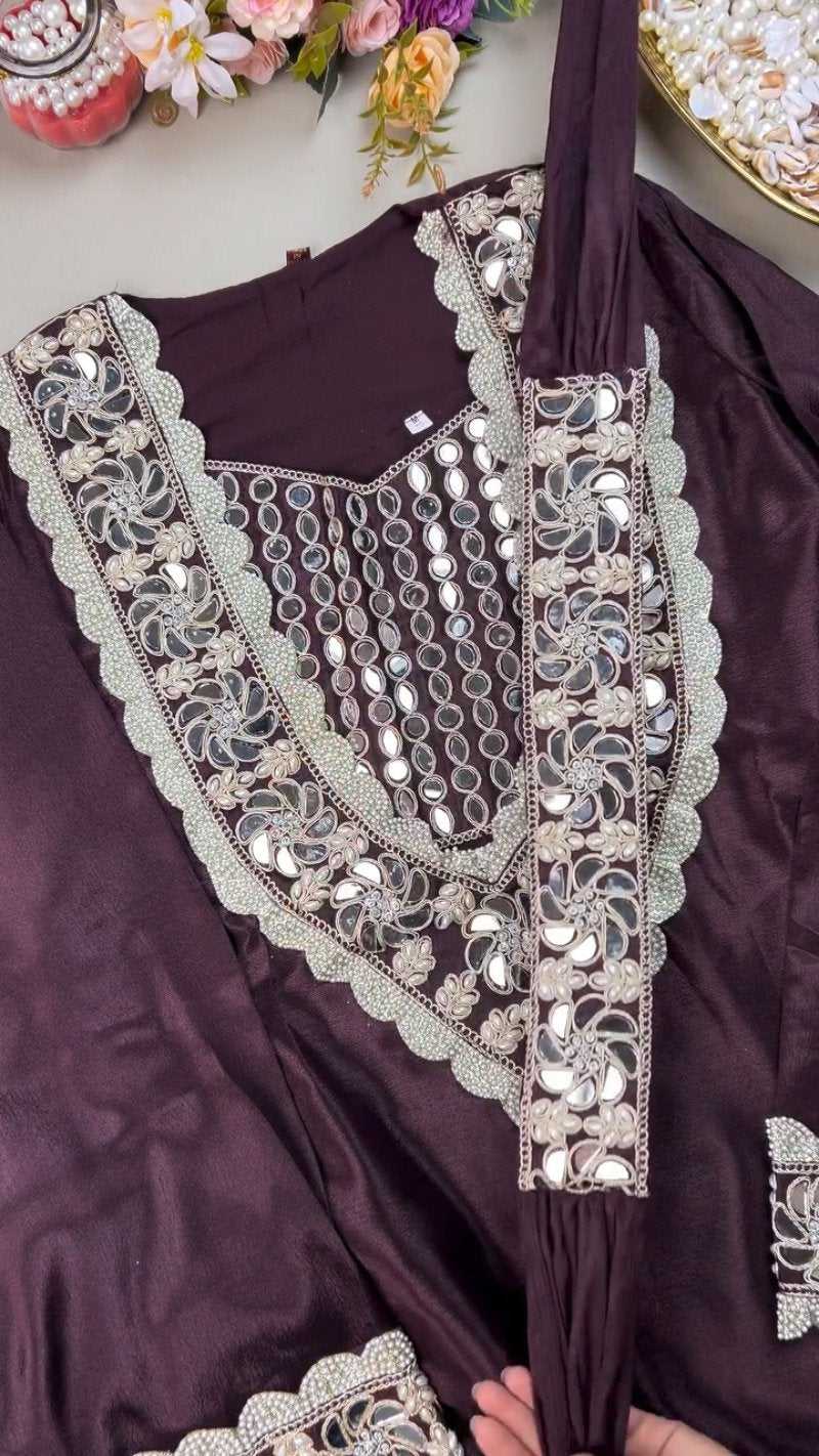 Royal Plum Mirrorwork & Pearl Embellished Kurta Set