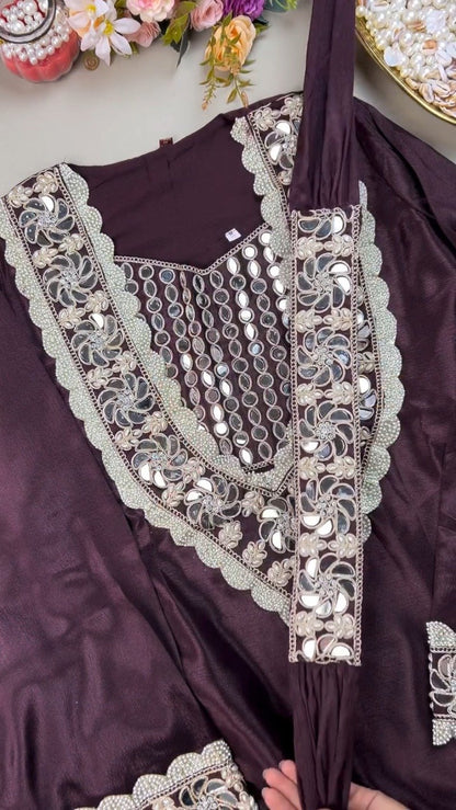 Royal Plum Mirrorwork & Pearl Embellished Kurta Set