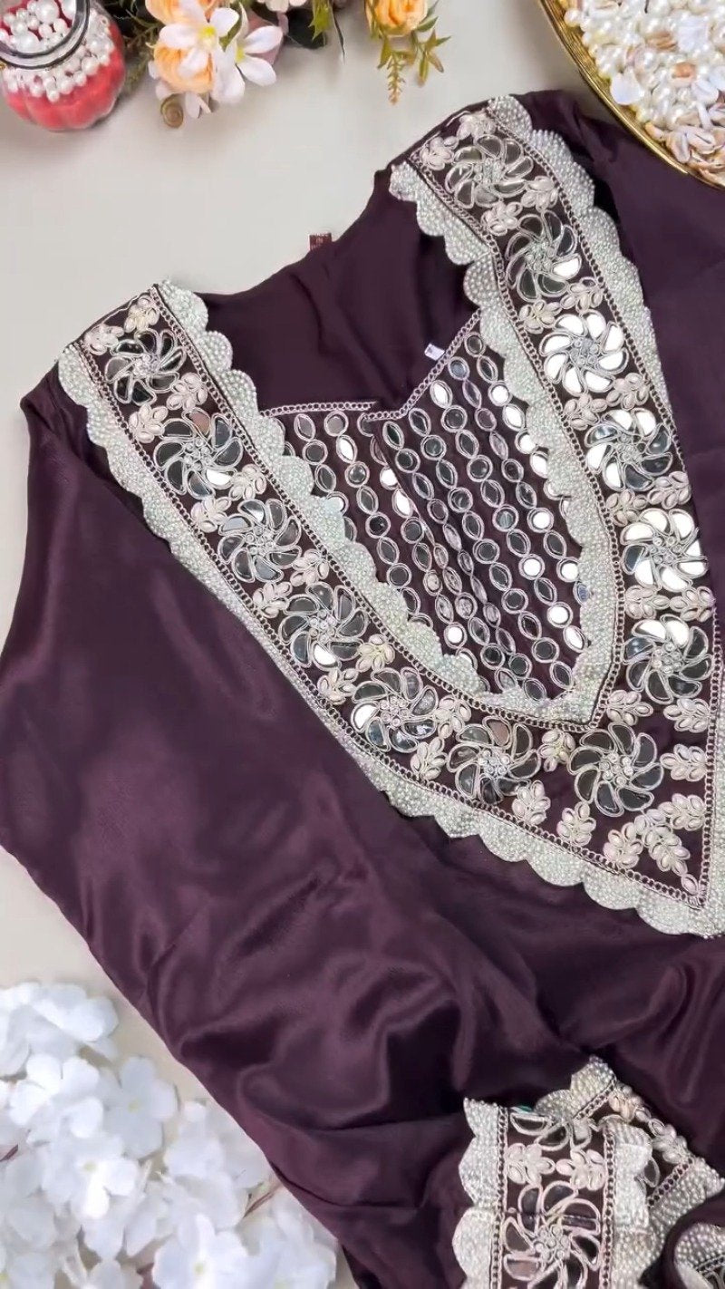 Royal Plum Mirrorwork & Pearl Embellished Kurta Set