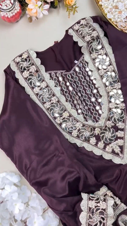 Royal Plum Mirrorwork & Pearl Embellished Kurta Set