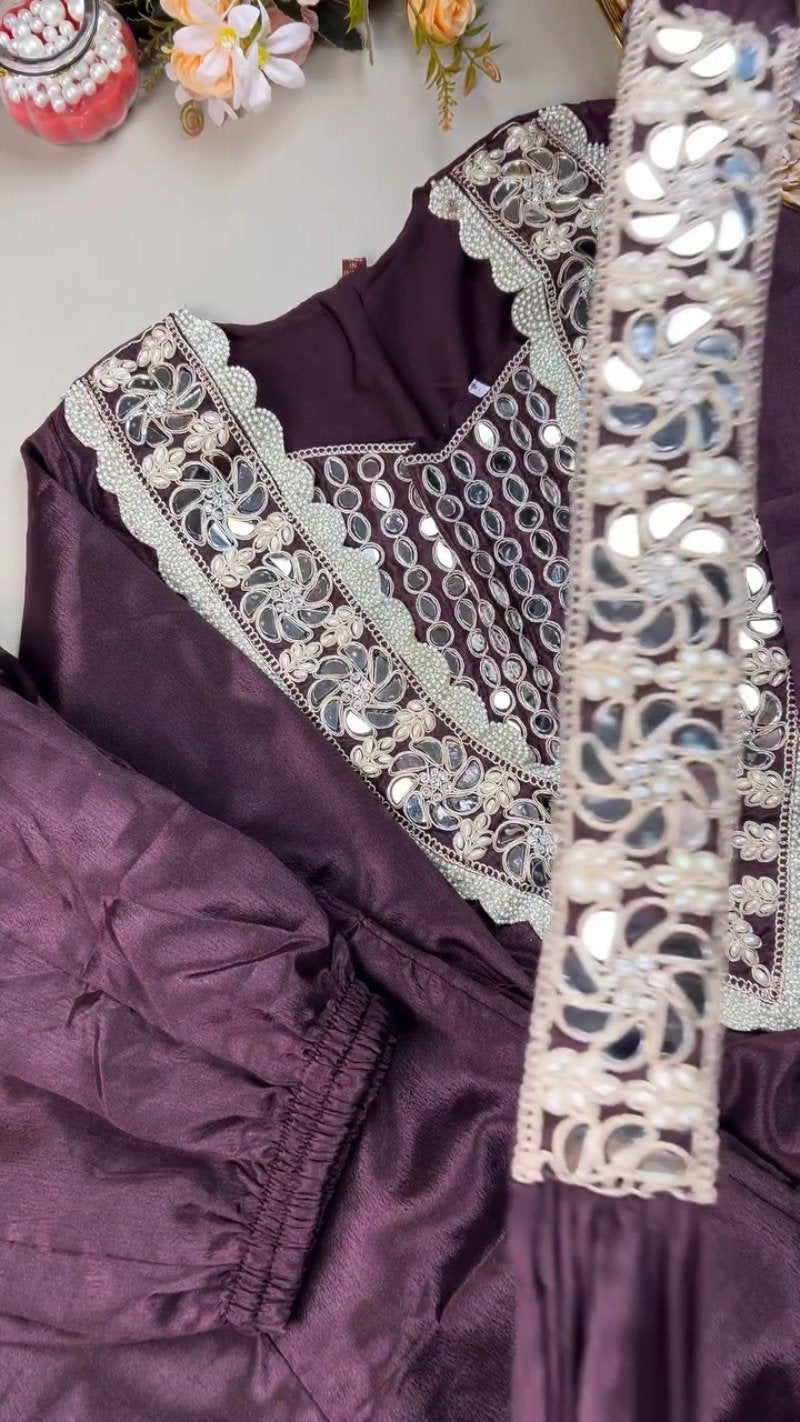 Royal Plum Mirrorwork & Pearl Embellished Kurta Set