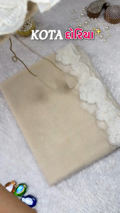 Ethereal Ivory Scalloped Kota Doria Ethnic Set with Floral Embroidery