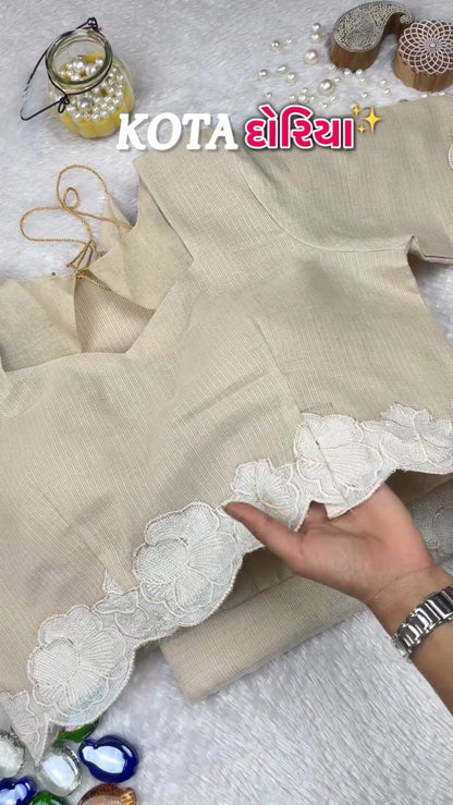 Ethereal Ivory Scalloped Kota Doria Ethnic Set with Floral Embroidery
