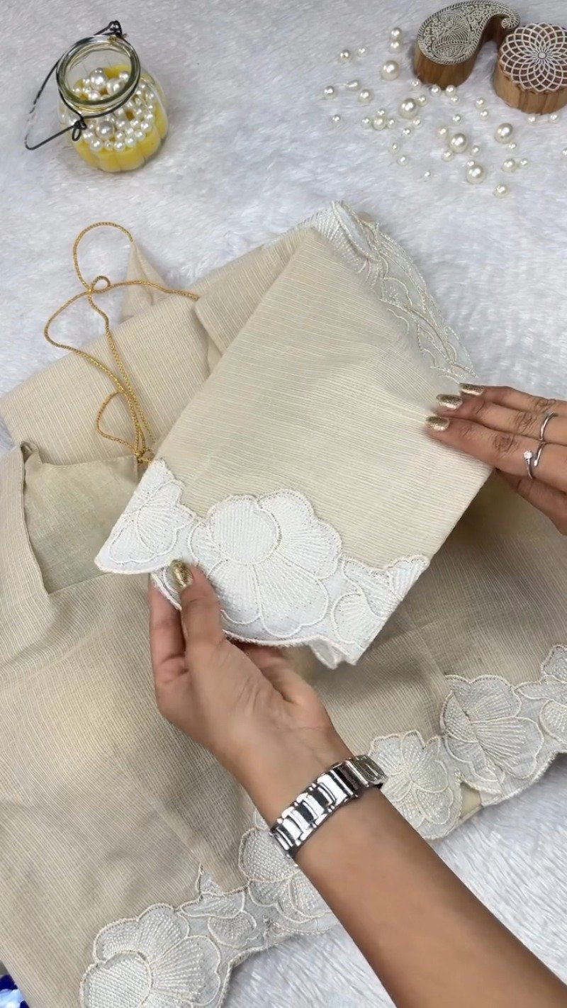 Ethereal Ivory Scalloped Kota Doria Ethnic Set with Floral Embroidery