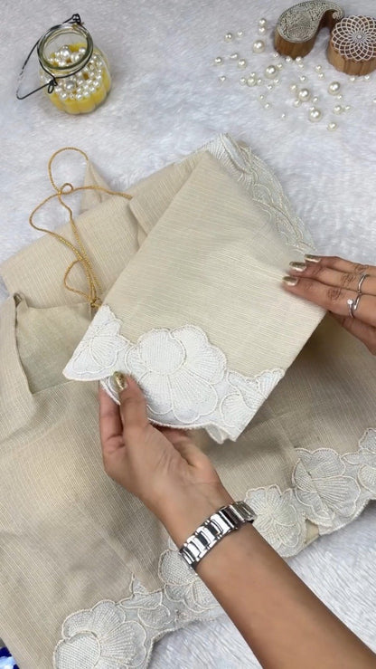 Ethereal Ivory Scalloped Kota Doria Ethnic Set with Floral Embroidery