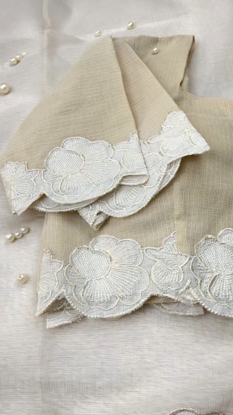 Ethereal Ivory Scalloped Kota Doria Ethnic Set with Floral Embroidery