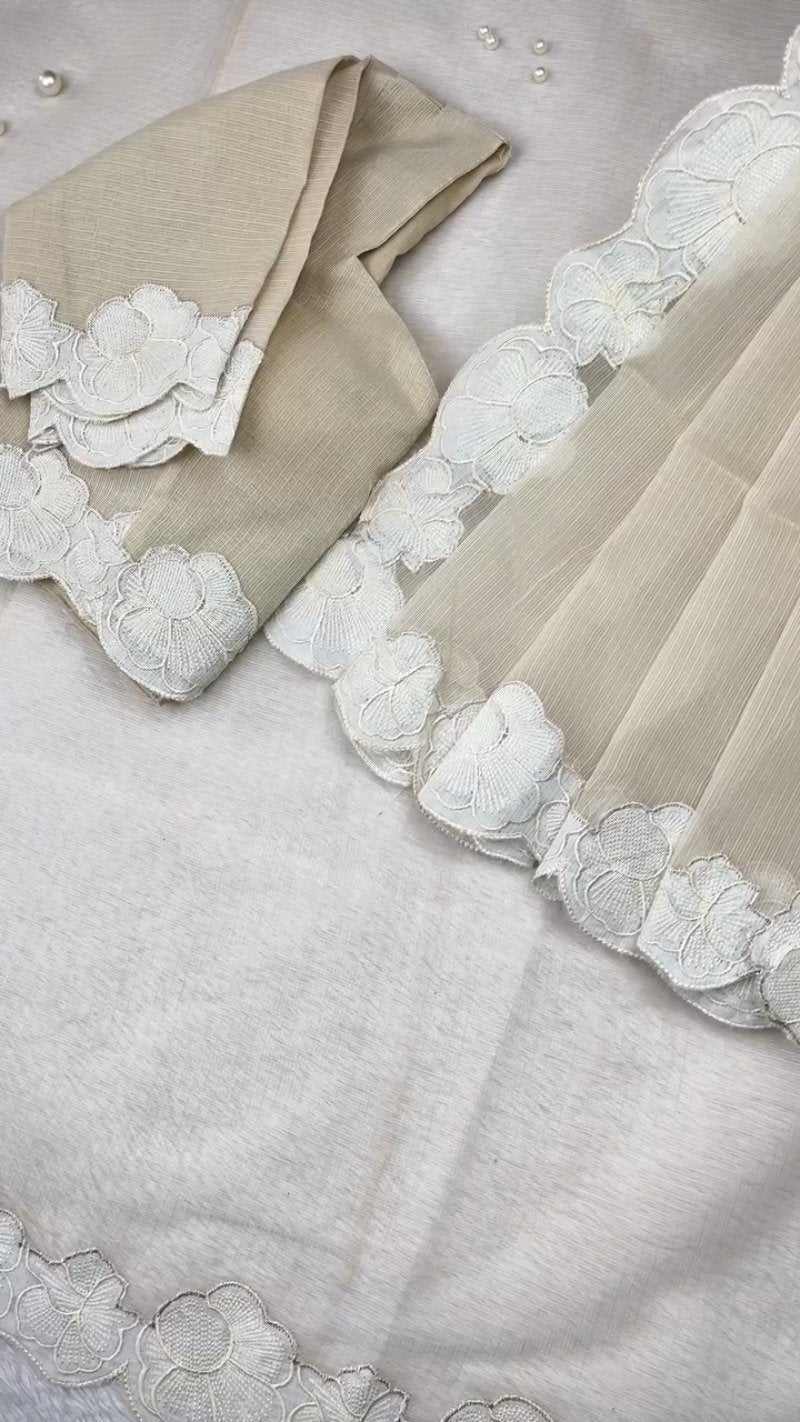 Ethereal Ivory Scalloped Kota Doria Ethnic Set with Floral Embroidery