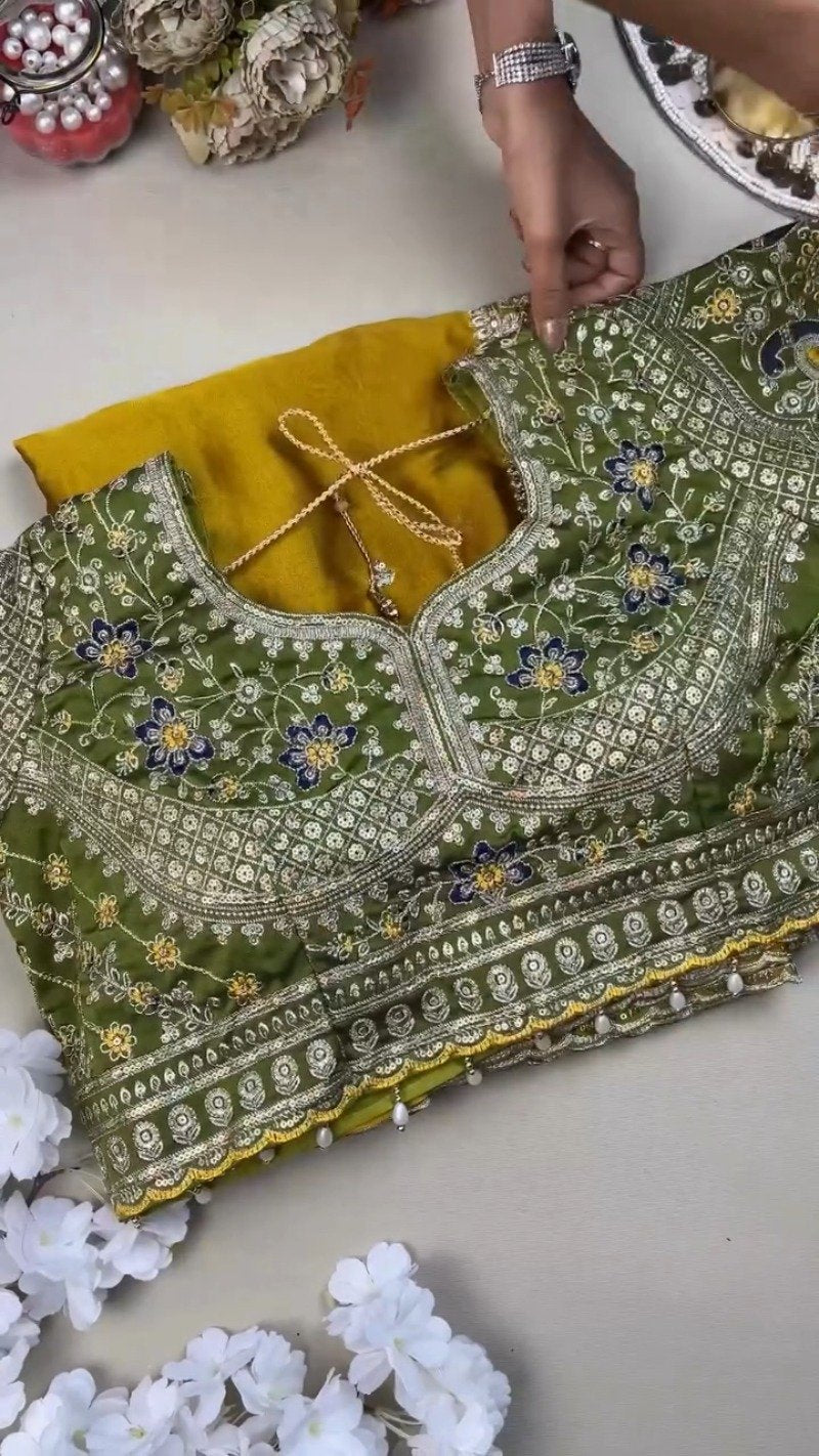 Olive Green Embroidered Silk Blouse with Mustard Yellow Saree – A Masterpiece of Traditional Elegance