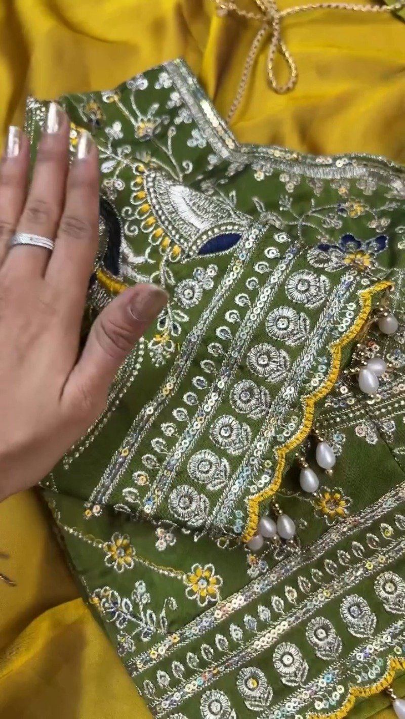 Olive Green Embroidered Silk Blouse with Mustard Yellow Saree – A Masterpiece of Traditional Elegance