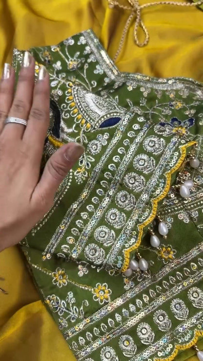 Olive Green Embroidered Silk Blouse with Mustard Yellow Saree – A Masterpiece of Traditional Elegance