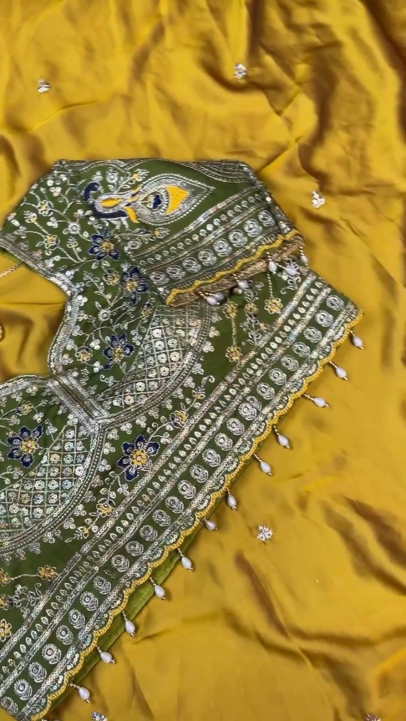 Olive Green Embroidered Silk Blouse with Mustard Yellow Saree – A Masterpiece of Traditional Elegance