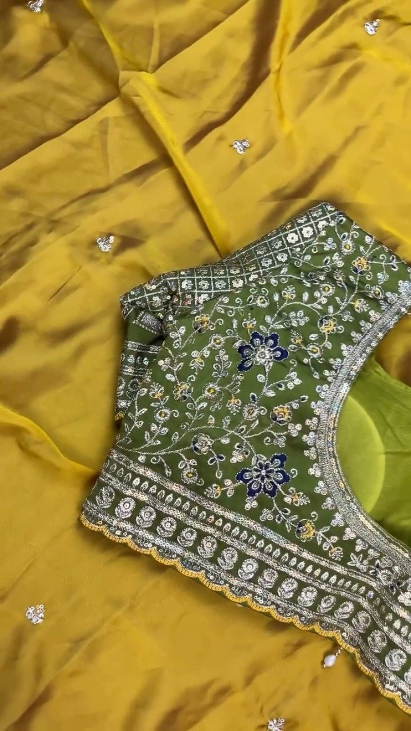 Olive Green Embroidered Silk Blouse with Mustard Yellow Saree – A Masterpiece of Traditional Elegance