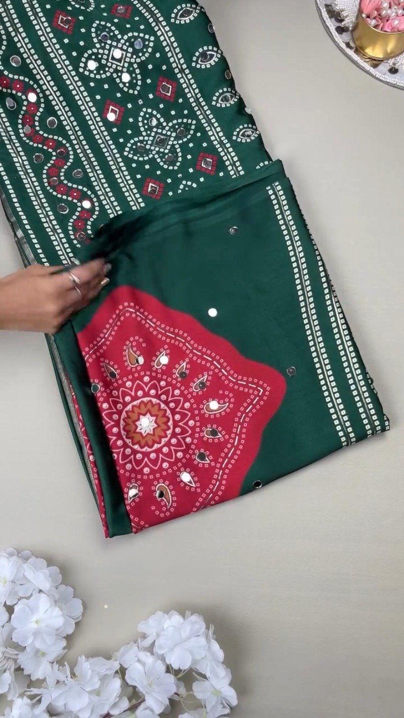 Enchanting Bottle Green Bandhani-Inspired Satin Saree with Mirror Work – Available in Deep Forest Green & Vibrant Tomato Red