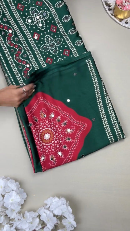 Enchanting Bottle Green Bandhani-Inspired Satin Saree with Mirror Work – Available in Deep Forest Green & Vibrant Tomato Red
