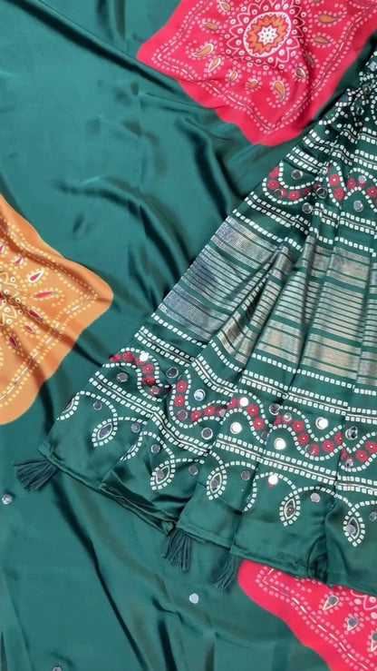 Enchanting Bottle Green Bandhani-Inspired Satin Saree with Mirror Work – Available in Deep Forest Green & Vibrant Tomato Red