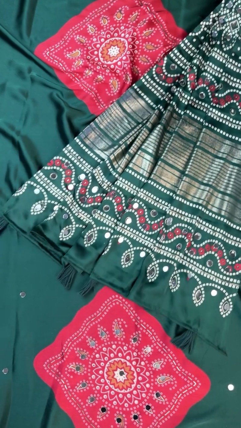 Enchanting Bottle Green Bandhani-Inspired Satin Saree with Mirror Work – Available in Deep Forest Green & Vibrant Tomato Red