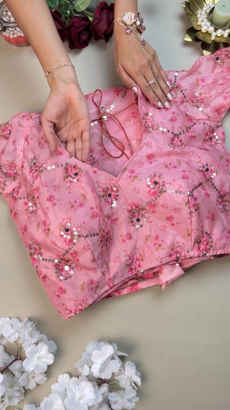 Rosy Muse Mirror-Work Floral Organza Saree Set