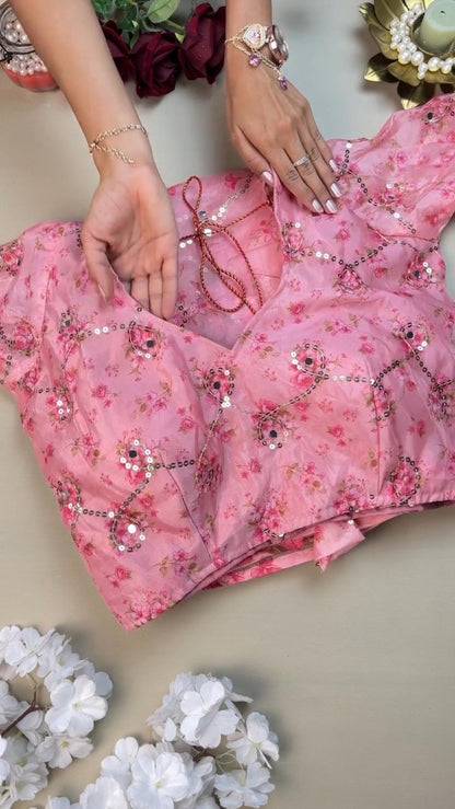 Rosy Muse Mirror-Work Floral Organza Saree Set