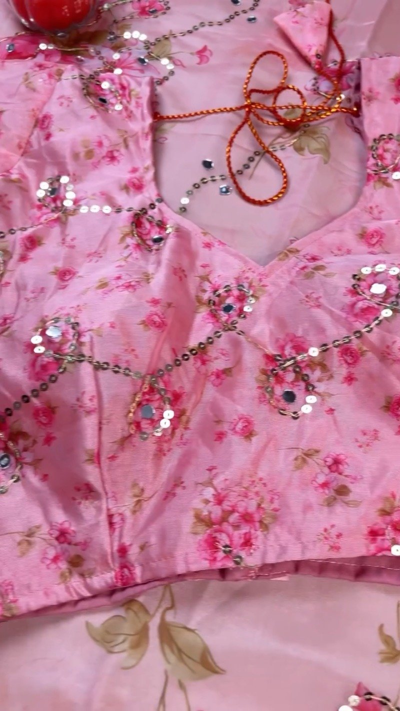 Rosy Muse Mirror-Work Floral Organza Saree Set