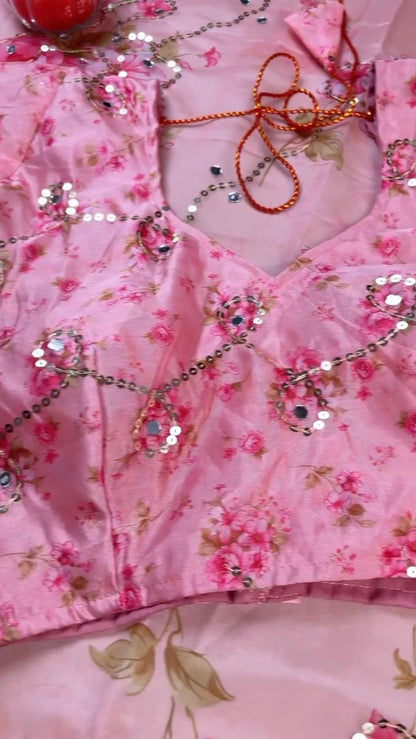 Rosy Muse Mirror-Work Floral Organza Saree Set
