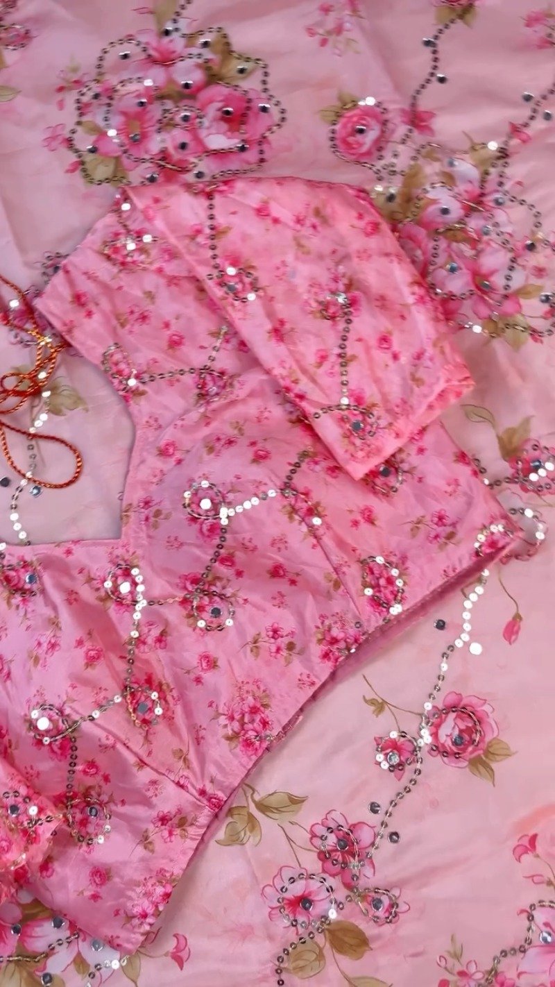 Rosy Muse Mirror-Work Floral Organza Saree Set