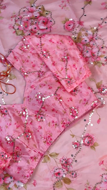 Rosy Muse Mirror-Work Floral Organza Saree Set