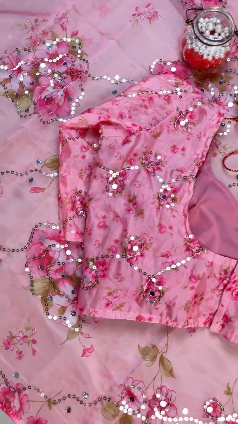 Rosy Muse Mirror-Work Floral Organza Saree Set