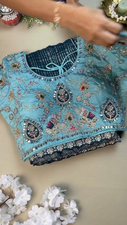 Royal Elephant Motif Embroidered Teal Blue Saree with Sky Blue Blouse – Single Colour Variant