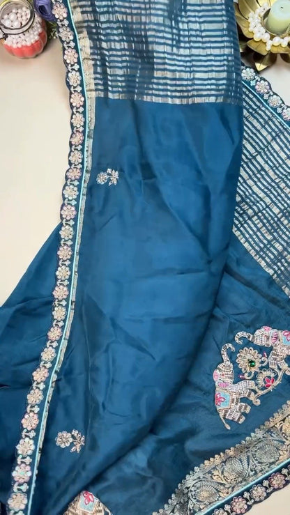 Royal Elephant Motif Embroidered Teal Blue Saree with Sky Blue Blouse – Single Colour Variant