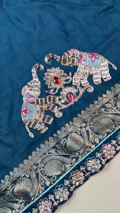 Royal Elephant Motif Embroidered Teal Blue Saree with Sky Blue Blouse – Single Colour Variant