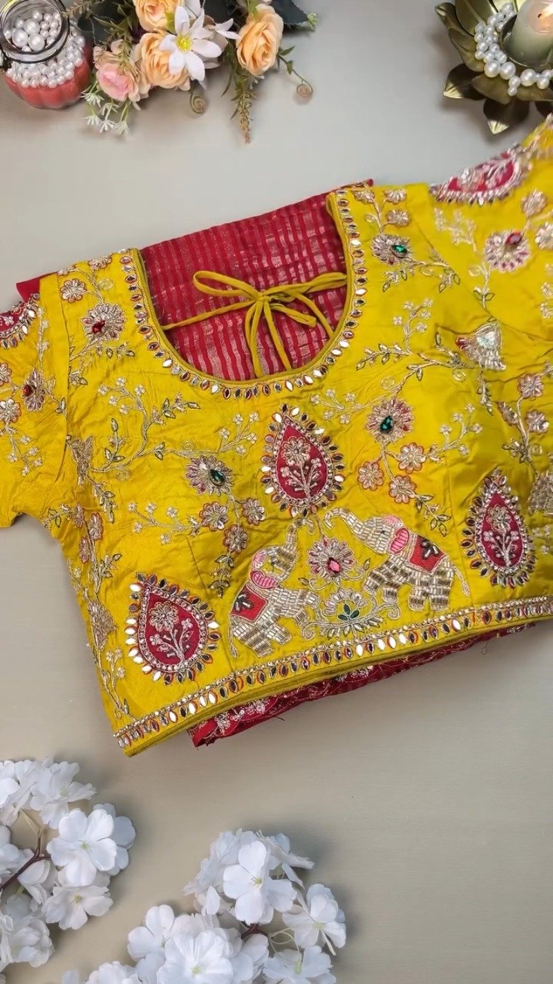 Regal Elephant Motif Handcrafted Saree with Contrast Blouse – Available in Crimson Red & Sun-Kissed Yellow