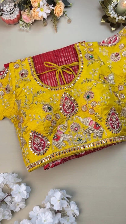Regal Elephant Motif Handcrafted Saree with Contrast Blouse – Available in Crimson Red & Sun-Kissed Yellow