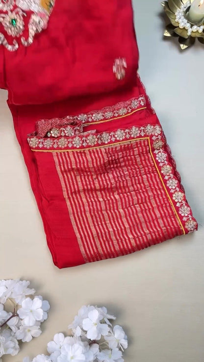 Regal Elephant Motif Handcrafted Saree with Contrast Blouse – Available in Crimson Red & Sun-Kissed Yellow