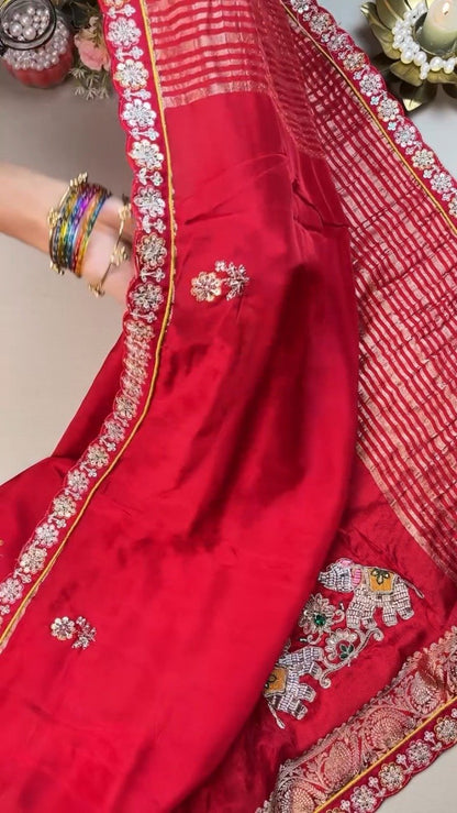 Regal Elephant Motif Handcrafted Saree with Contrast Blouse – Available in Crimson Red & Sun-Kissed Yellow