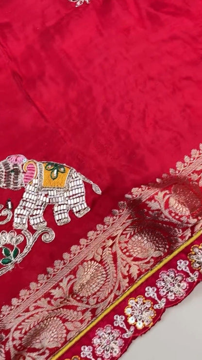 Regal Elephant Motif Handcrafted Saree with Contrast Blouse – Available in Crimson Red & Sun-Kissed Yellow