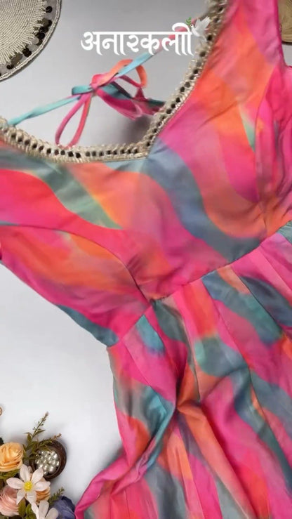 Vibrant Abstract Watercolor Tie-Dye Anarkali Set with Mirrorwork – Pink & Multi-Colour