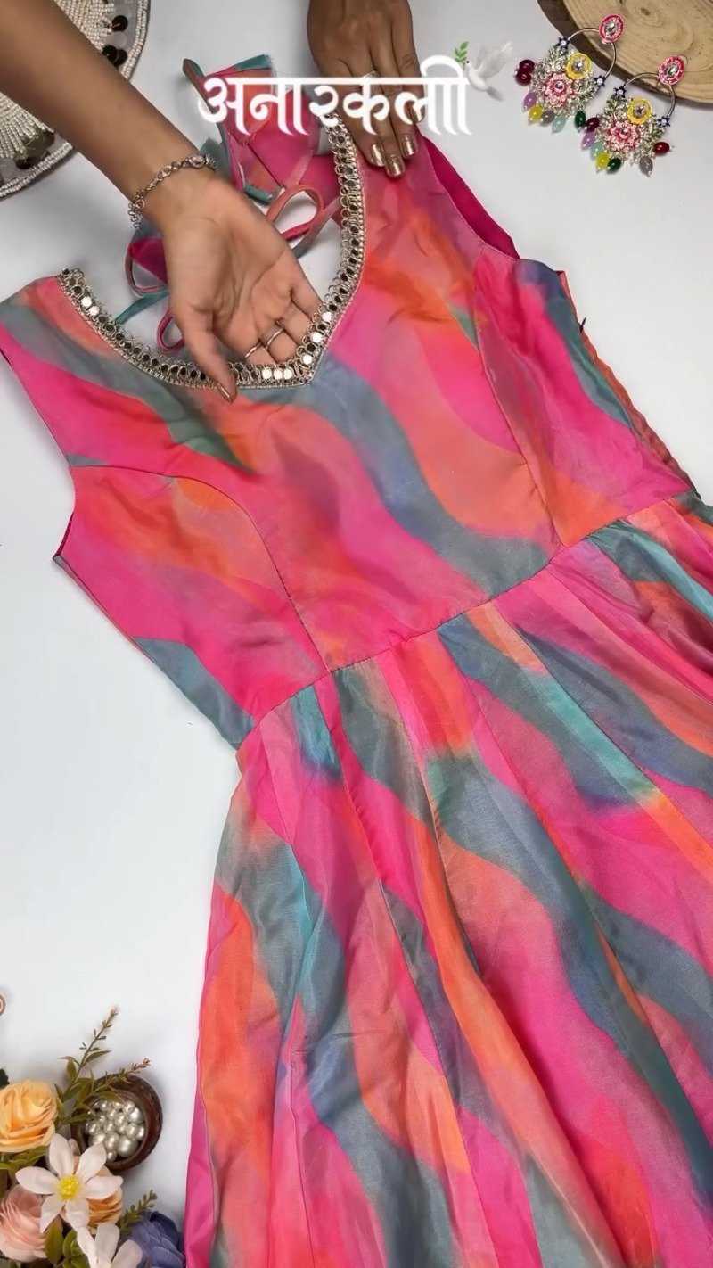 Vibrant Abstract Watercolor Tie-Dye Anarkali Set with Mirrorwork – Pink & Multi-Colour