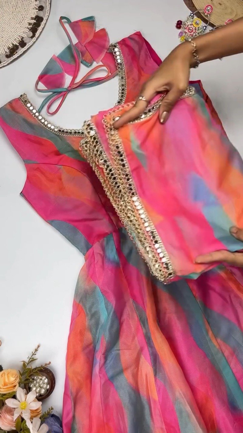Vibrant Abstract Watercolor Tie-Dye Anarkali Set with Mirrorwork – Pink & Multi-Colour