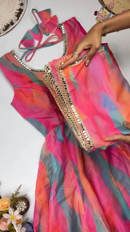 Vibrant Abstract Watercolor Tie-Dye Anarkali Set with Mirrorwork – Pink & Multi-Colour