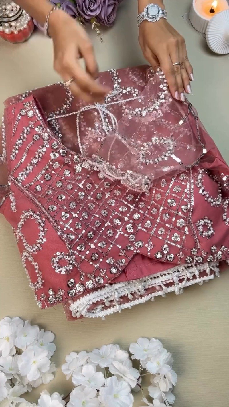 Enchanting Rose-Dust Embellished Sequined Ensemble – Available in Rose-Dust & Champagne Gold
