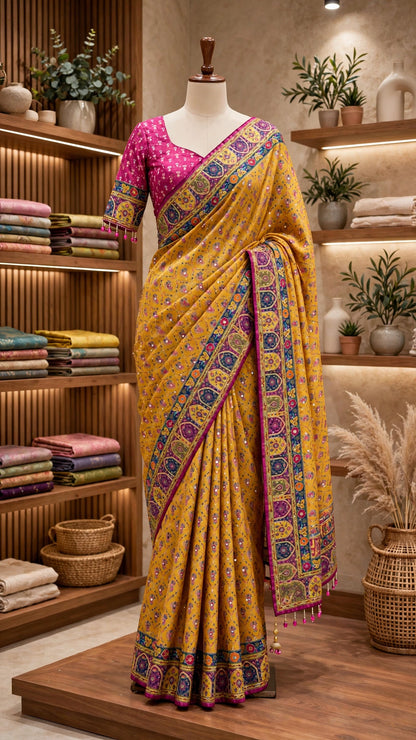 Aurelia Floral Heritage Saree Set with Embellished Border – Available in Vibrant Yellow & Fuchsia