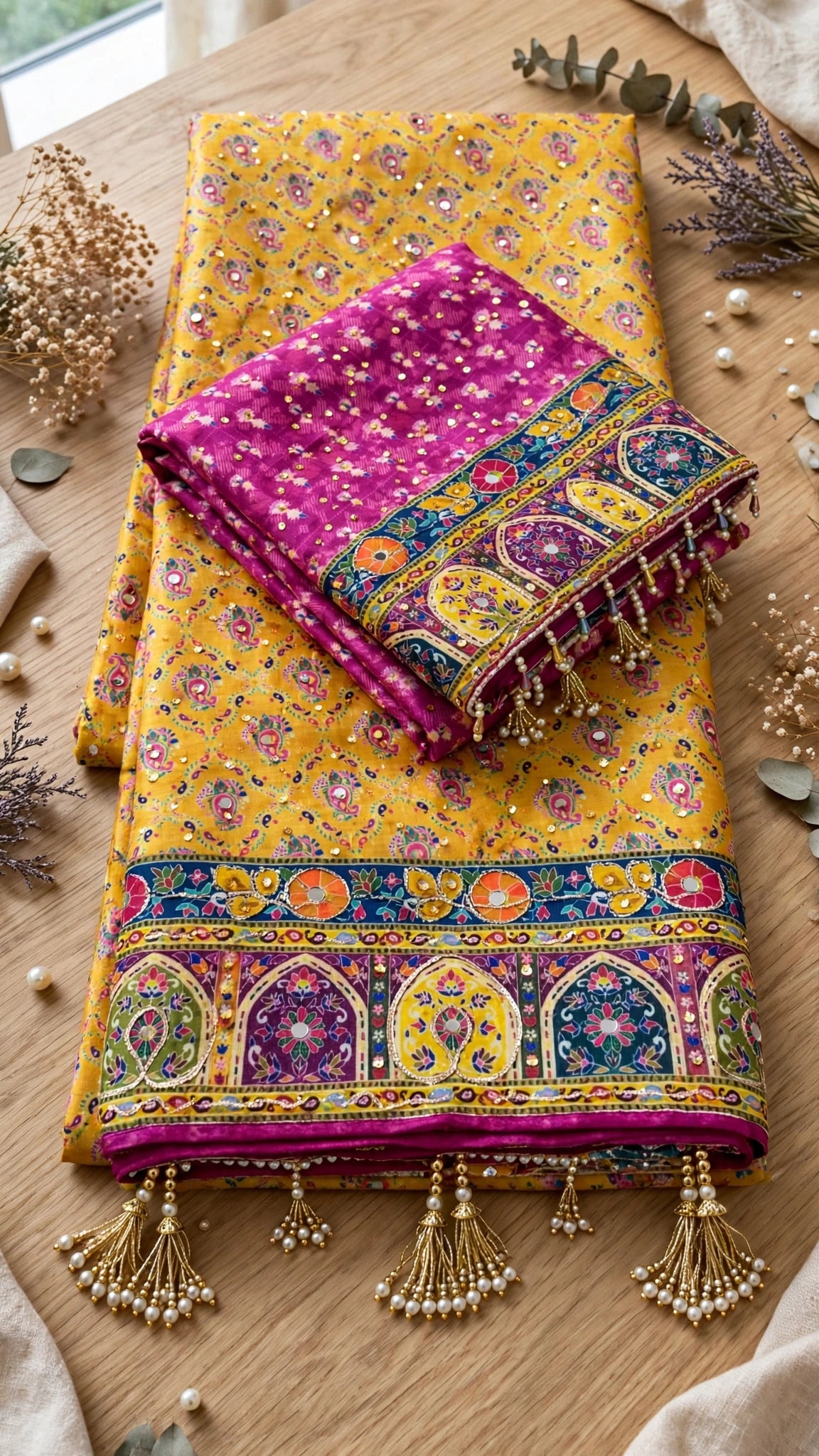 Aurelia Floral Heritage Saree Set with Embellished Border – Available in Vibrant Yellow & Fuchsia