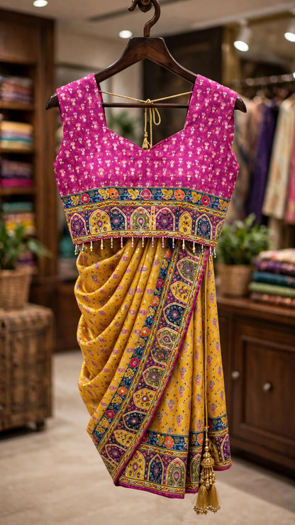 Aurelia Floral Heritage Saree Set with Embellished Border – Available in Vibrant Yellow & Fuchsia